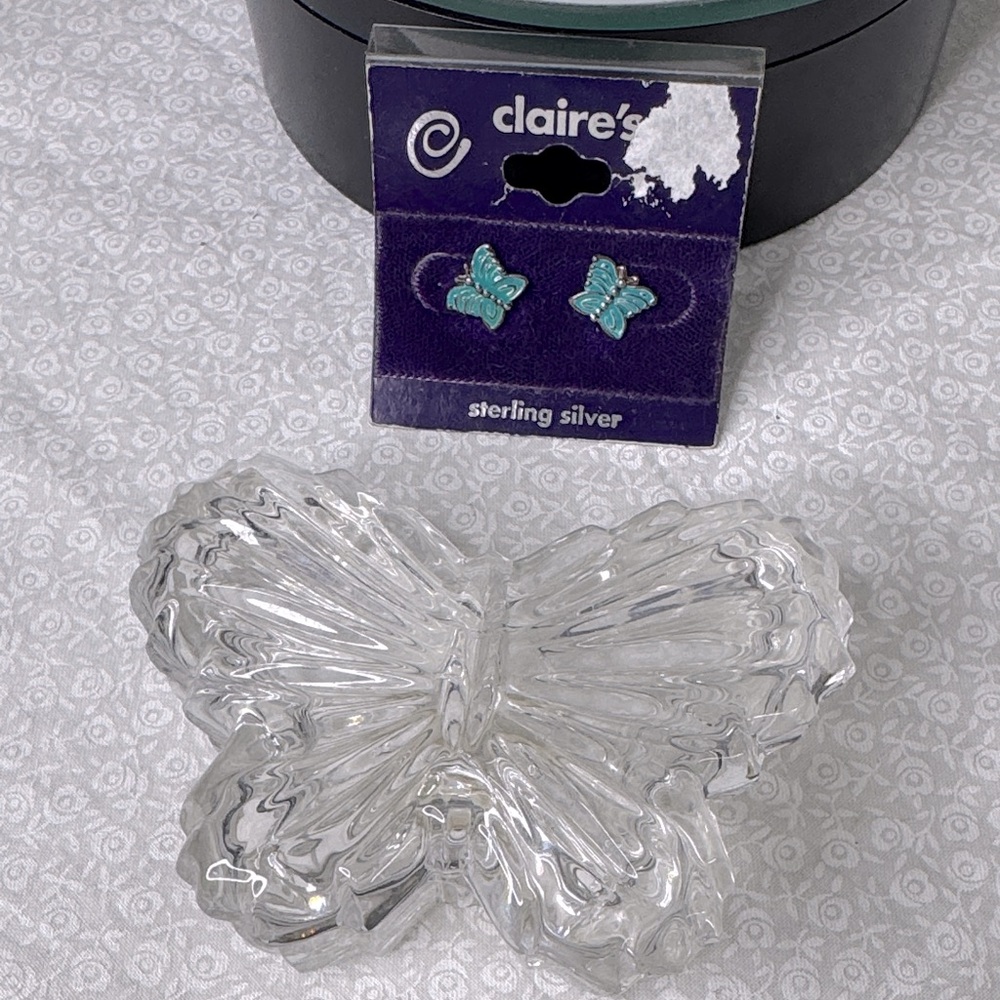 Crystal butterfly trinket dish VTG with sterling silver butterfly earrings